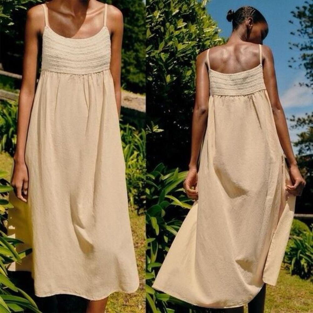 Zara Boho Crochet Ivory Knit Bodice and Linen Blend Flowy Skirt Size M - Picture 13 of 14